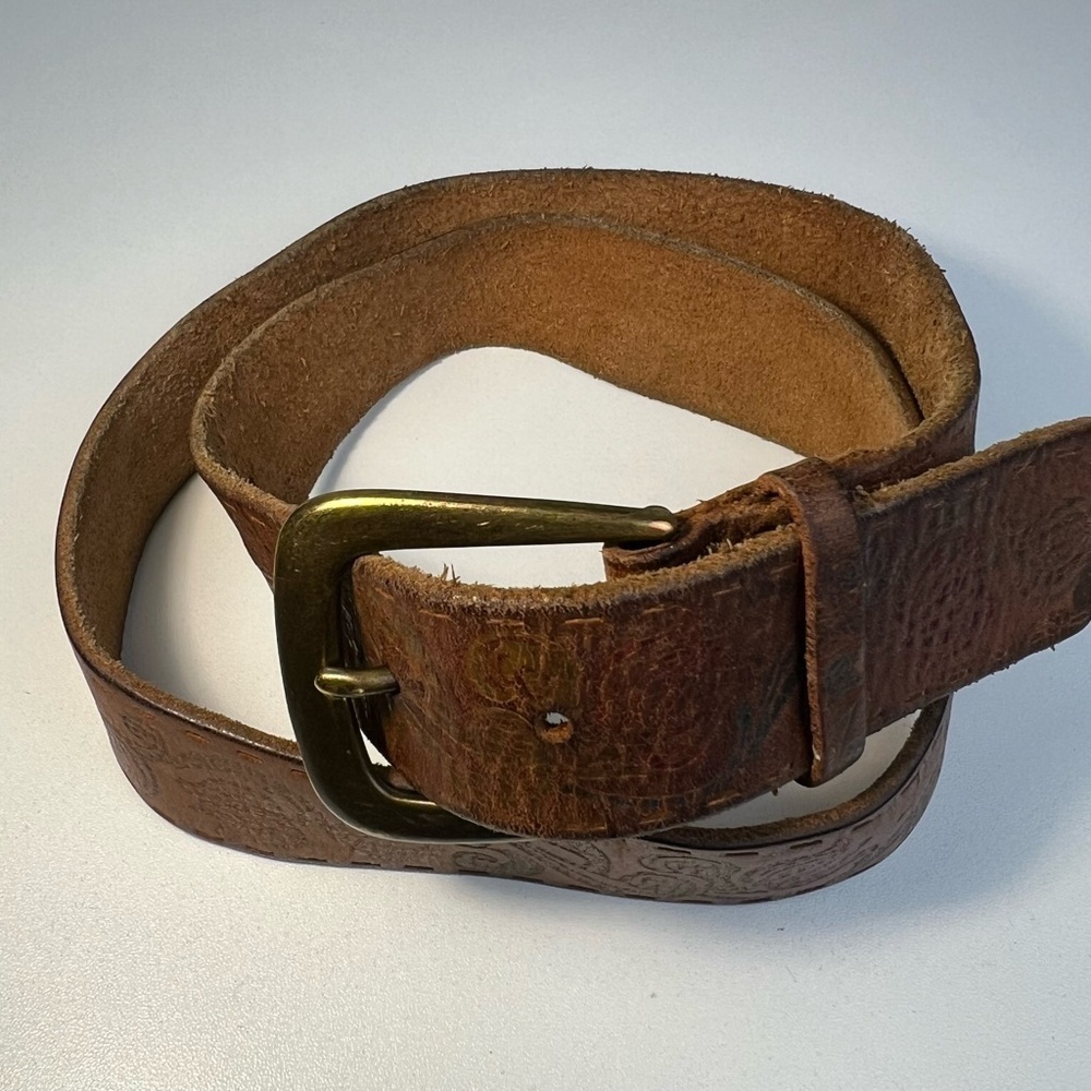 Tooled Style Painted/Dyed Genuine Leather Belt in Brown Sz L